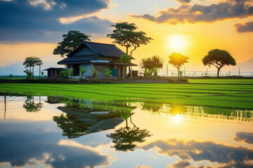 Traditional Vietnamese cottage amidst rice field with bamboo trees and early morning light