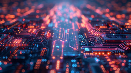 Close up of a high technology futuristic circuit board with neon light.