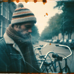 Man With a Bicycle in a moment captured from a bygone era.Generative Ai