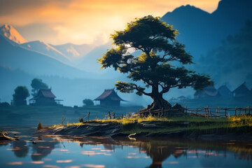 Fototapeta premium Old big tree in rural VietNam surrounded by misty lake in picturesque mountain valley at dawn