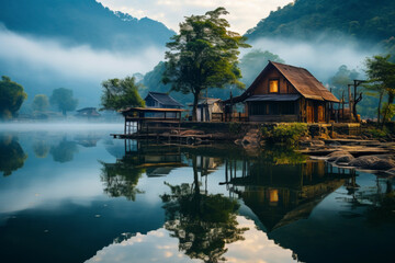 Vietnamese house near misty lake in picturesque mountain valley, bamboo tree, early morning lighting