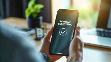 Businesswoman holding phone with text payment successful on screen display, sitting in office chair at desk or table with laptop notebook on workplace. Online internet shopping, purchase invoice