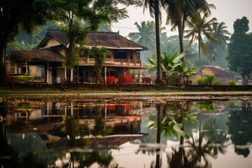 Fototapeta na wymiar Traditional Vietnamese village by picturesque pond with reflected house, Asia travel