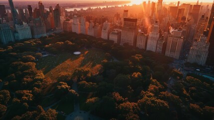 Aerial Helicopter Photo Over Central Park with Nature, Trees, People Having Picnic and Resting on a Field Around Manhattan Skyscrapers Cityscape. Beautiful Evening with Warm Sunset Ligh