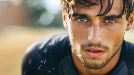 Closeup of sweaty athlete face looking at camera with serious face expression, outdoor hot sunny summer day workout training lifestyle. Young man running jogging outside, cardio exercise fitness - obrazy, fototapety, plakaty