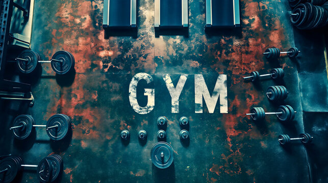 Top view background gym floor with dumbbell weights and treadmill machines equipment indoors workout club for athletes and healthy fitness exercise and sport training lifestyle interior. Nobody, empty