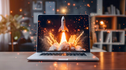 Rocket launch from laptop on office table to fly up in air. Business startup new idea project development, internet marketing strategy growth, future product progress on a website, speed power boost - Powered by Adobe