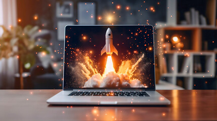Rocket launch from laptop on office table to fly up in air. Business startup new idea project development, internet marketing strategy growth, future product progress on a website, speed power boost