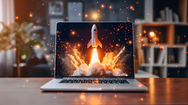 Rocket launch from laptop on office table to fly up in air. Business startup new idea project development, internet marketing strategy growth, future product progress on a website, speed power boost