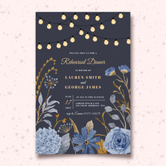 rehearsal dinner invitation with string light and vintage floral frame