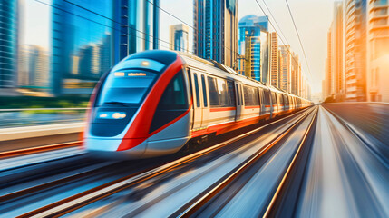 Rapid fast speed express city train on railway blurred in motion travel transport with tall city...