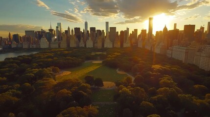 Aerial Helicopter Photo Over Central Park with Nature, Trees, People Having Picnic and Resting on a Field Around Manhattan Skyscrapers Cityscape. Beautiful Evening with Warm Sunset Ligh