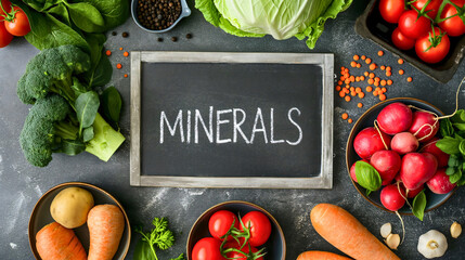 Top view of chalkboard with text minerals on kitchen table surrounded by various vegetables with...