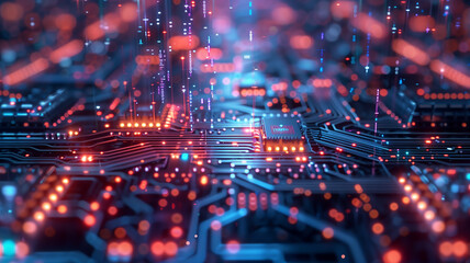 Obraz premium Close up of a high technology futuristic circuit board with neon light.