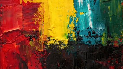 Vivid Abstract Oil Painting Grunge Background Displaying Rich Red, Yellow, and Blue Hues