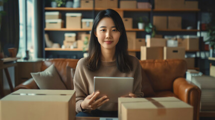 Beautiful young Asian businesswoman holding tablet device, smiling and sitting surrounded by cardboard boxes ready for shipping. Delivery package distribution, online shop stock, commerce inventory
