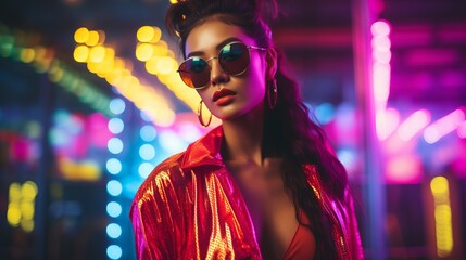 Woman in Neon Lights and Iridescent Jacket an model in neon party, fashion model, rich colors