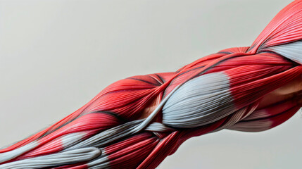 Obraz na płótnie Canvas Closeup of a muscular man arm muscles anatomy on the body. Biceps, forearm and shoulder fibers, red and white tissue. Strong sporty athlete structure, bodybuilder power, isolated on grey background