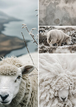 Set of four photos in theme sheep in the winter hills, merino wool and woollen textures, natural, farming, soft, snow, freezing, natural textures