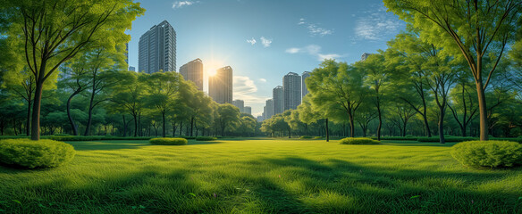 Urban oasis green park amidst city skyscrapers at sunrise