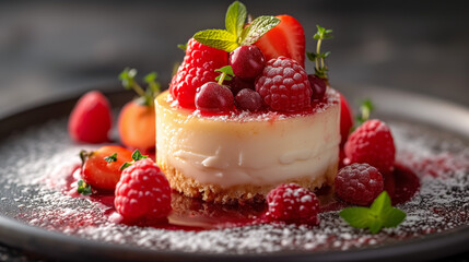 Delectable cheesecake with fresh berries and mint garnish