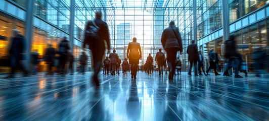 Businesspeople walking in bright glass-covered corridor - 764357486