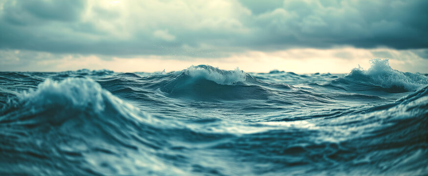 Turbulent sea waves under brooding stormy sky
