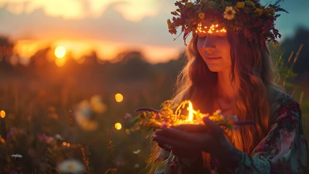 Woman with long hair wearing a flower crown is holding burning candles in her hands, against the backdrop of a sunset and summer meadow with wild flowers. 
