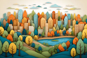 Eco friendly city with a lot of green space, paper cut style illustration