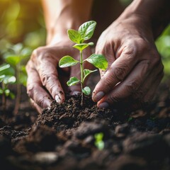 A close-up of hands planting a tree in fertile soil symbolizing the personal commitment to nature and a sustainable
