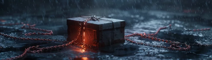 Fotobehang A gift box bound in chains watched over by a brooding devil © Naret