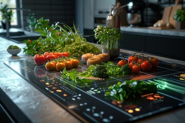 A generative AI cooking assistant suggesting recipes and cooking techniques displayed on a smart kitchen interface in a sleek