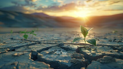 A small green sprout pushing through cracked ground in an arid desert symbolizes hope and growth amidst environmental challenges. In the background are vast deserts under a sunset sky. - obrazy, fototapety, plakaty
