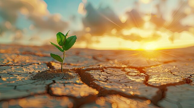 A small green sprout pushing through cracked ground in an arid desert symbolizes hope and growth amidst environmental challenges. In the background are vast deserts under a sunset sky.