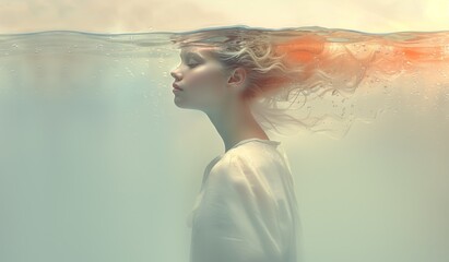 Serene underwater woman with flowing hair. Ethereal portrait of a young woman submerged in water, her hair spreading like coral
