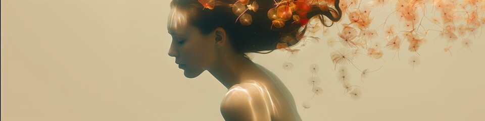Ethereal beauty: woman with autumn leaves in hair. Panoramic visual with artistic portrait of a woman with autumn leaves flowing from her hair on a warm backdrop - obrazy, fototapety, plakaty