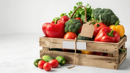 Wooden box filled with fresh vegetables such as tomatoes, peppers and broccoli on a white background with a blank tag for text. The style is bright and colorful, suitable for an online grocery store.