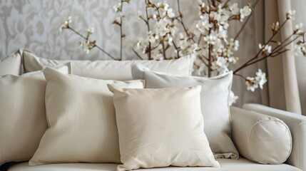Cozy Beige Pillows Adorn Modern Sofa: Comfortable Home Design