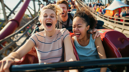 A group of joyful young friends scream with excitement while riding a roller coaster under a clear blue sky. - Powered by Adobe