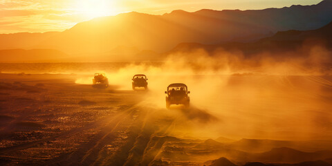 A convoy of off-road vehicles drives through a dusty desert landscape as the sun sets, creating a dramatic and adventurous atmosphere. - obrazy, fototapety, plakaty