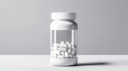 A clear image showcasing a white pill bottle filled with pills isolated on a transparent or white background, depicting healthcare and medicine.
