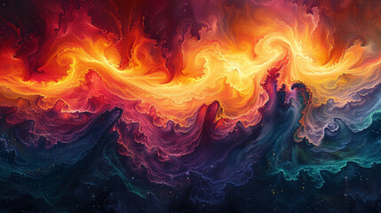 This image features a striking abstract representation of waves in a tumultuous ocean set against a radiant backdrop that transitions from deep purple to a bright, fiery orange, mimicking the colors o