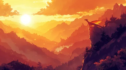 Zelfklevend Fotobehang Majestic dragon at sunset in fantasy landscape © Denys