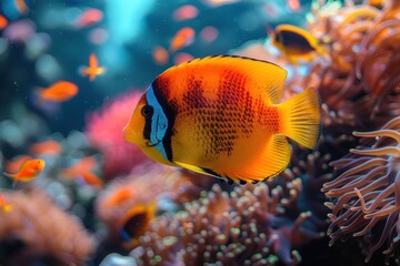 Underwater splendor: bright fish among colorful corals in the aquarium