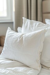 Fototapeta na wymiar Clean and Hygienic White Pillow: Bedroom Interior Close-up