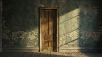 Vintage wooden door in a dimly lit rustic room