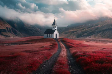 Foto op Canvas The image depicts a solitary white church standing in a field of striking red flora, under a sky brushed with the warm hues of sunset © Grumpy