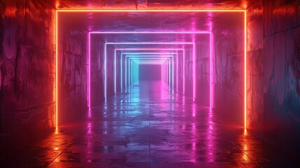 Fototapeta premium Abstract neon light geometric background. Glowing neon lines. Empty futuristic stage laser. Colorful rectangular laser lines. Square tunnel. Night club empty room. Laser show design