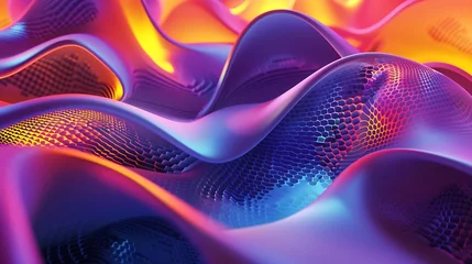 Foto op Plexiglas 3D rendering of a colorful wavy surface with a hexagonal pattern. The surface is lit by a bright light, which creates a sense of depth and dimension. © Marina