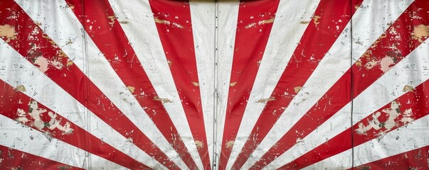 Vintage circus-themed backdrop with red and white stripes and worn texture - obrazy, fototapety, plakaty